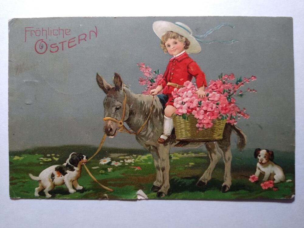 Vintage Easter Postcard Boy on Donkey Pink Flowers Puppies Fröhliche Ostern